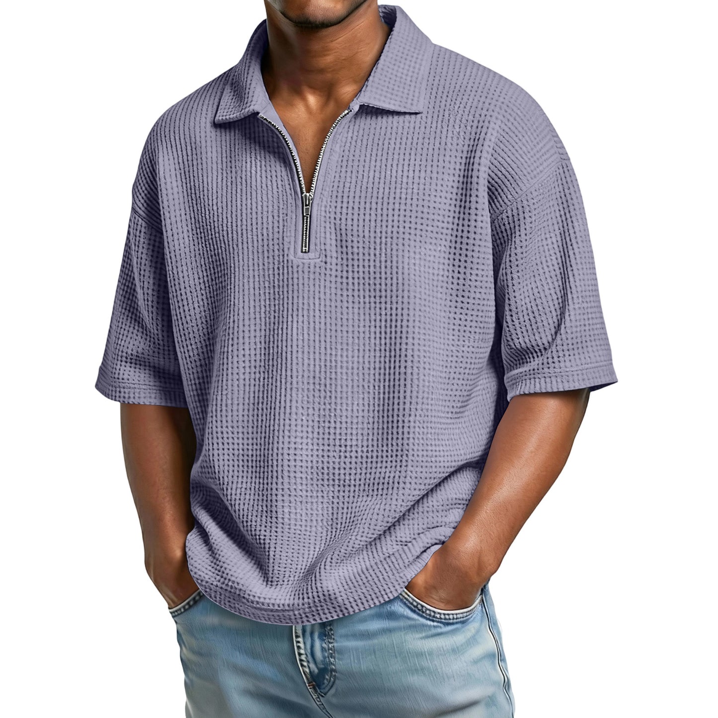 Men's Waffle-Weave Short-Sleeve Lapel Polo Shirt T-Shirt