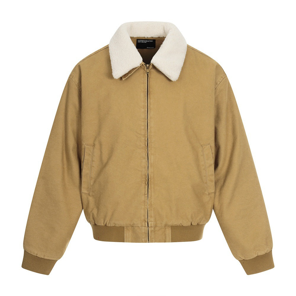Contrasting Color Fleece-Lined Jacket With Fur Collar Men's Loose Fit