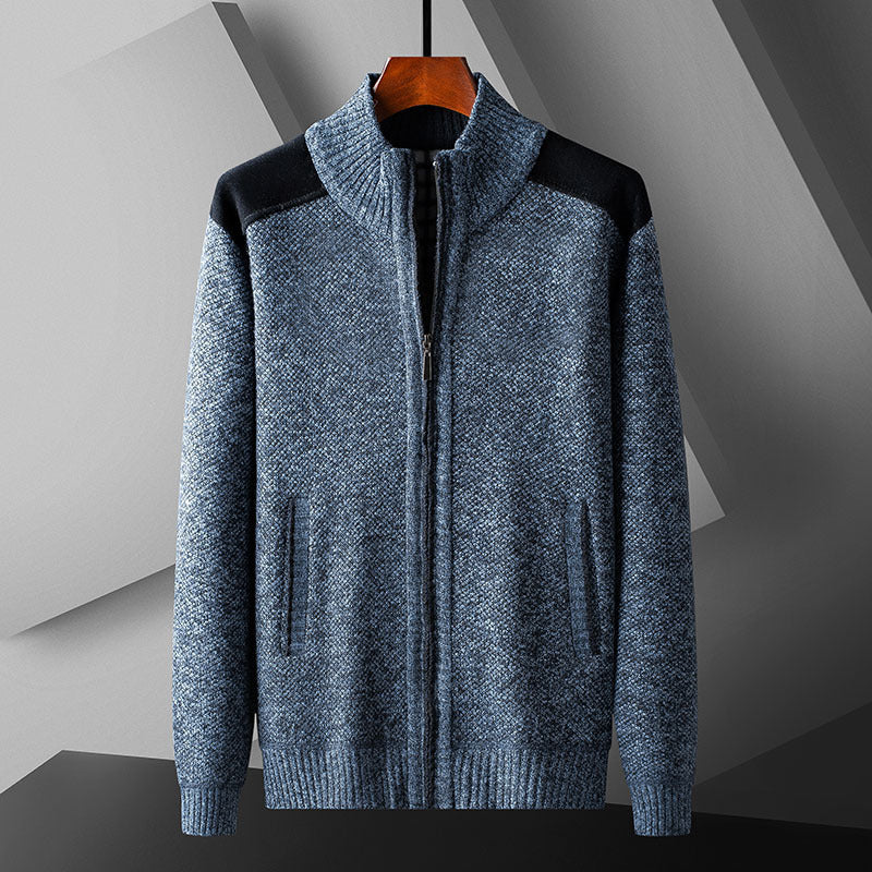 Mens Warm Knitted Cardigan With A Patchwork Stand-Up Collar Design Coat
