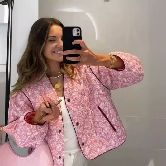 New European And American-style Fashionable Casual V-neck Printed Jacket For Women