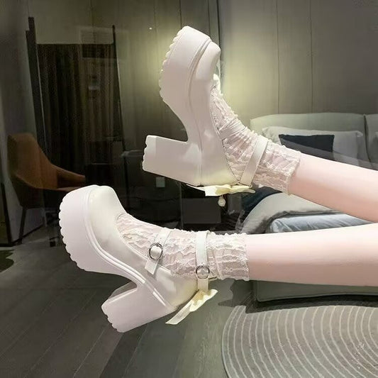 2025 Summer New Women's White High Heels Platform Mary Jane Shoes With Bow