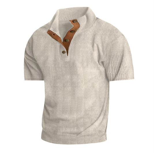 Men's Casual Stand-Up Collar Short-Sleeve Corduroy Knitted Pullover Shirt
