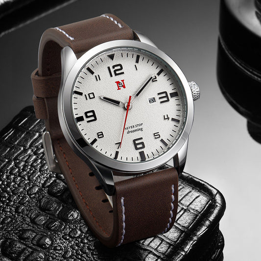 Mens Quartz Watch With A Leather Strap Large Dial And Calendar