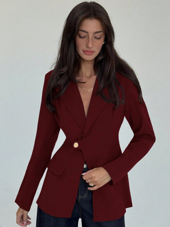 Womens Solid-Color V-Neck Elegant Slim-Fit Blazer