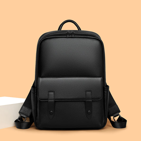 Men's Leather Large-Capacity Solid Color Backpack