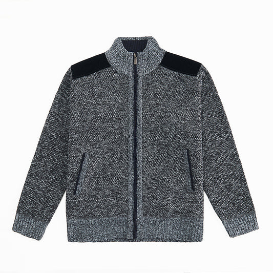 Mens Warm Knitted Cardigan With A Patchwork Stand-Up Collar Design Coat