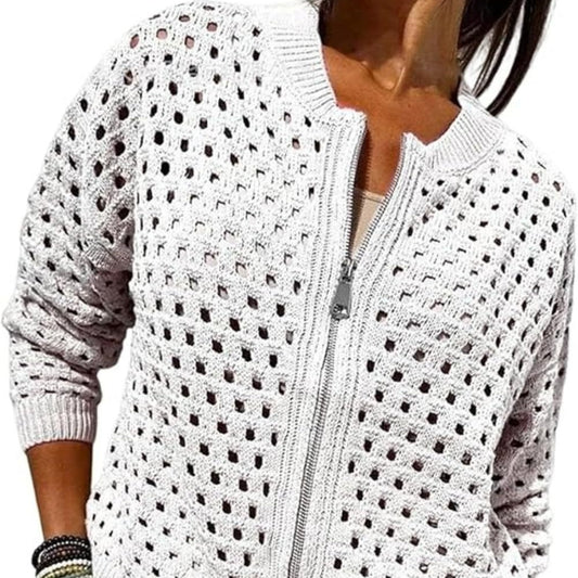 Womens Knitted Hollow-Out Crew-Neck Jacket With Zipper