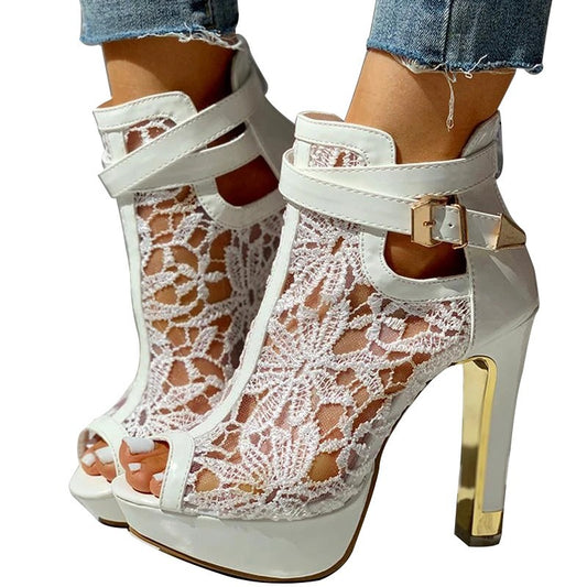 Lace-Trimmed Buckle Fish-mouth Chunky Heel Sandals Womens