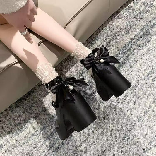 2025 Summer New Women's White High Heels Platform Mary Jane Shoes With Bow
