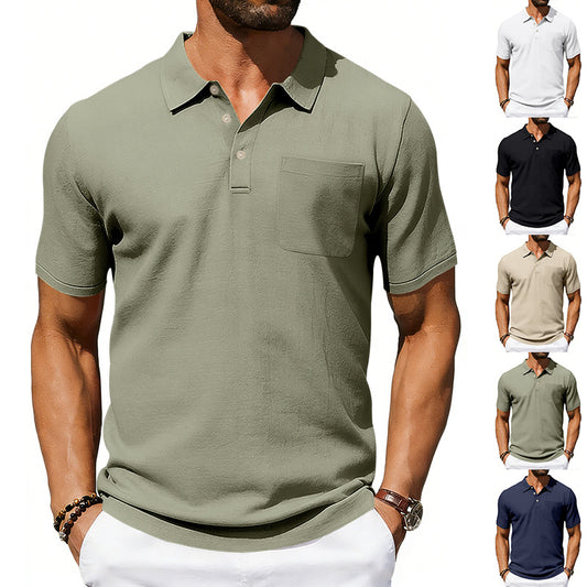 Men's Lapel Polo Shirt Linen Pocket T-Shirt