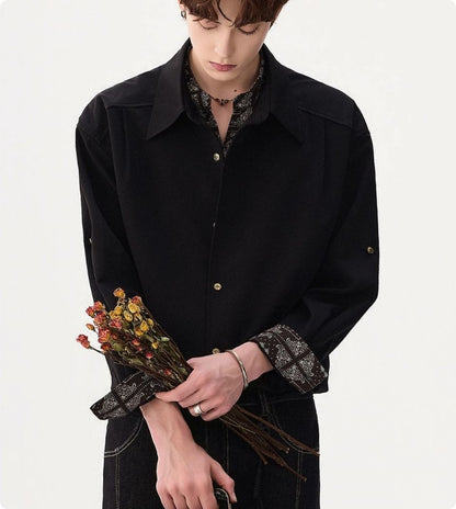 Men's Casual Cashew Flower Fake Two Black Shirts