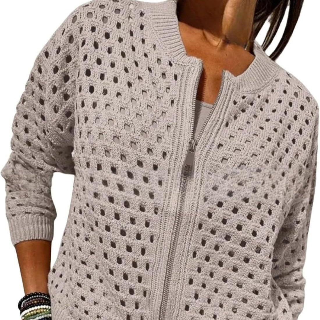 Womens Knitted Hollow-Out Crew-Neck Jacket With Zipper
