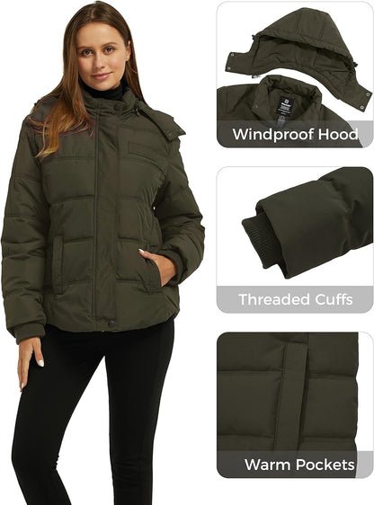 Women'S Hooded Warm Winter Coat Quilted Thicken Puffer Jacket with Removable Hood