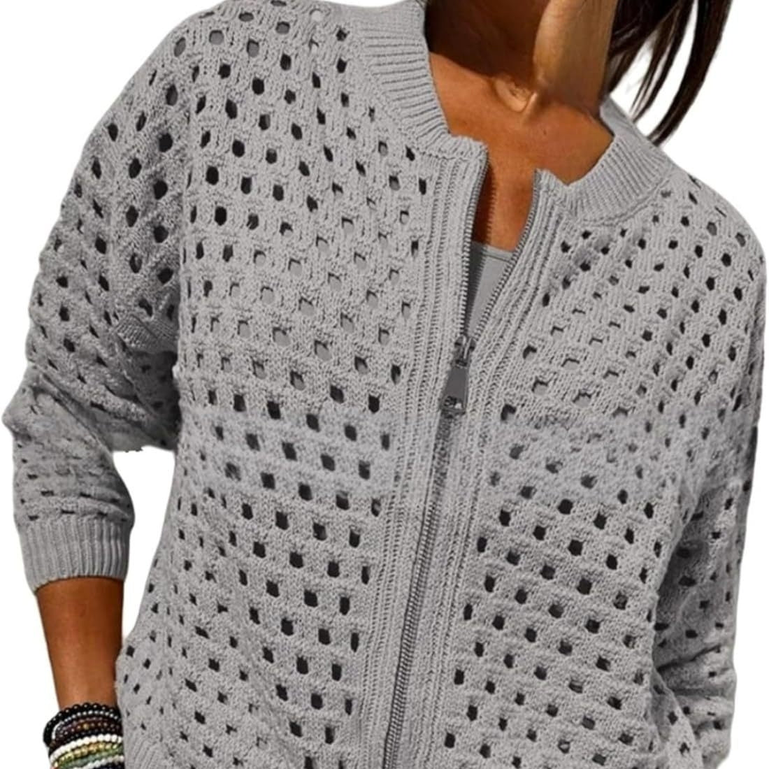 Womens Knitted Hollow-Out Crew-Neck Jacket With Zipper