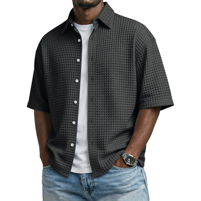 Men's Solid-Colored Waffle-Weave T-Shirt With Lapel Collar