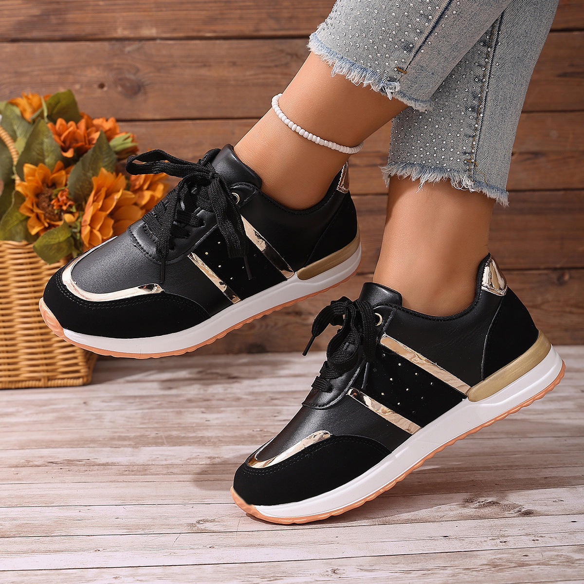 Color Matching Round Head Lace-up Daddy Shoes And Girls