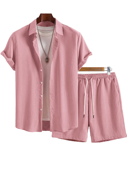 Men's Solid Color Lapel Short-Sleeve Shirt And Shorts Set