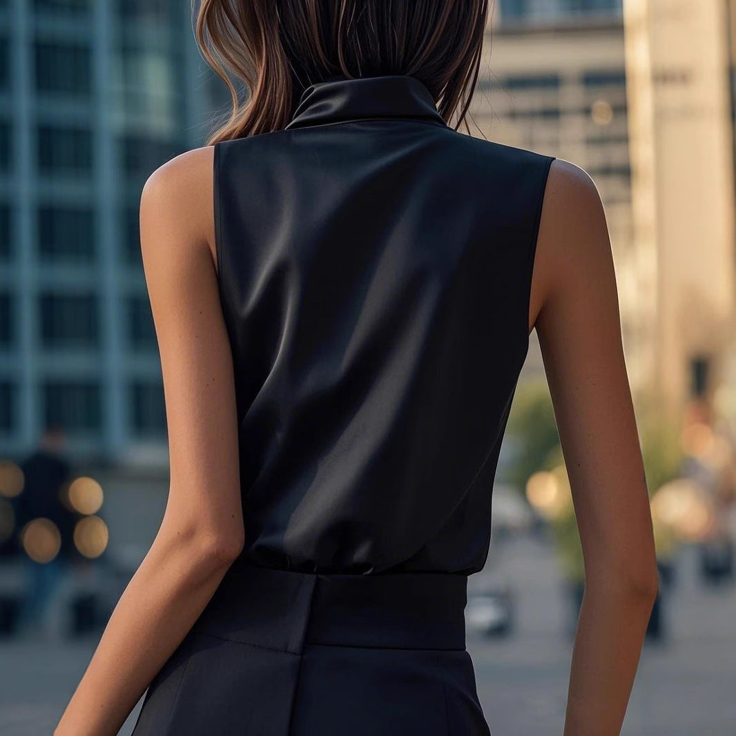 Womens Solid-Color Off-the-Shoulder High-Neck Halter Short-Sleeve Tank Top