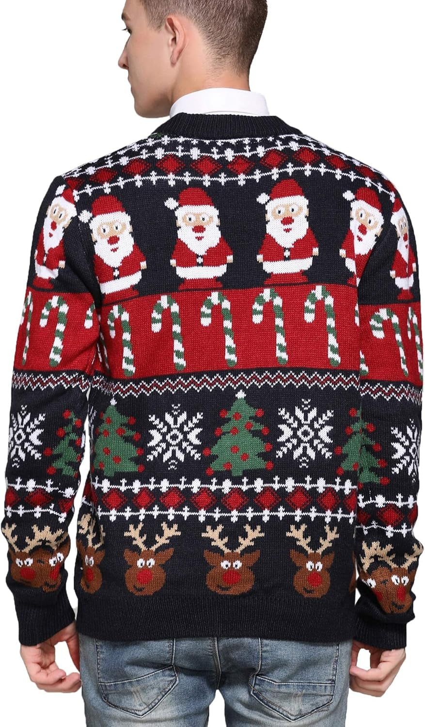 Men'S Christmas Rudolph Reindeer Holiday Festive Knitted Sweater Cardigan Cute Ugly Pullover Jumper