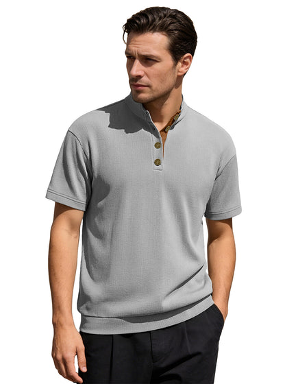 Men's Casual Stand-Up Collar Short-Sleeve Corduroy Knitted Pullover Shirt