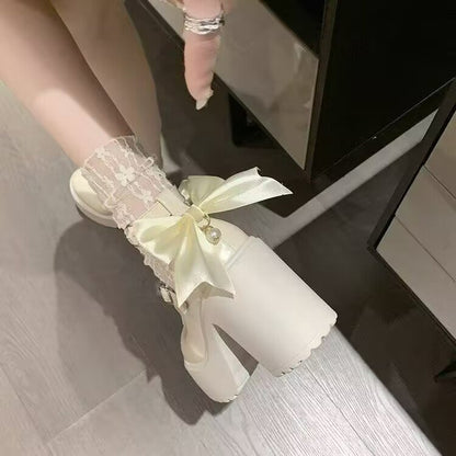 2025 Summer New Women's White High Heels Platform Mary Jane Shoes With Bow