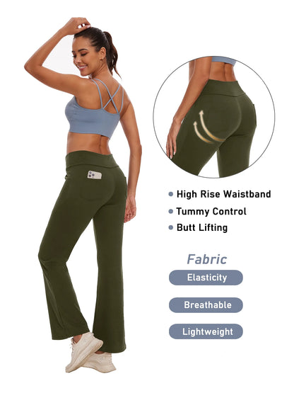 Womens Bootcut Yoga Pants with Pockets Flare Workout Legging High Waist Lightweight Bottoms Activewear Green 2XL