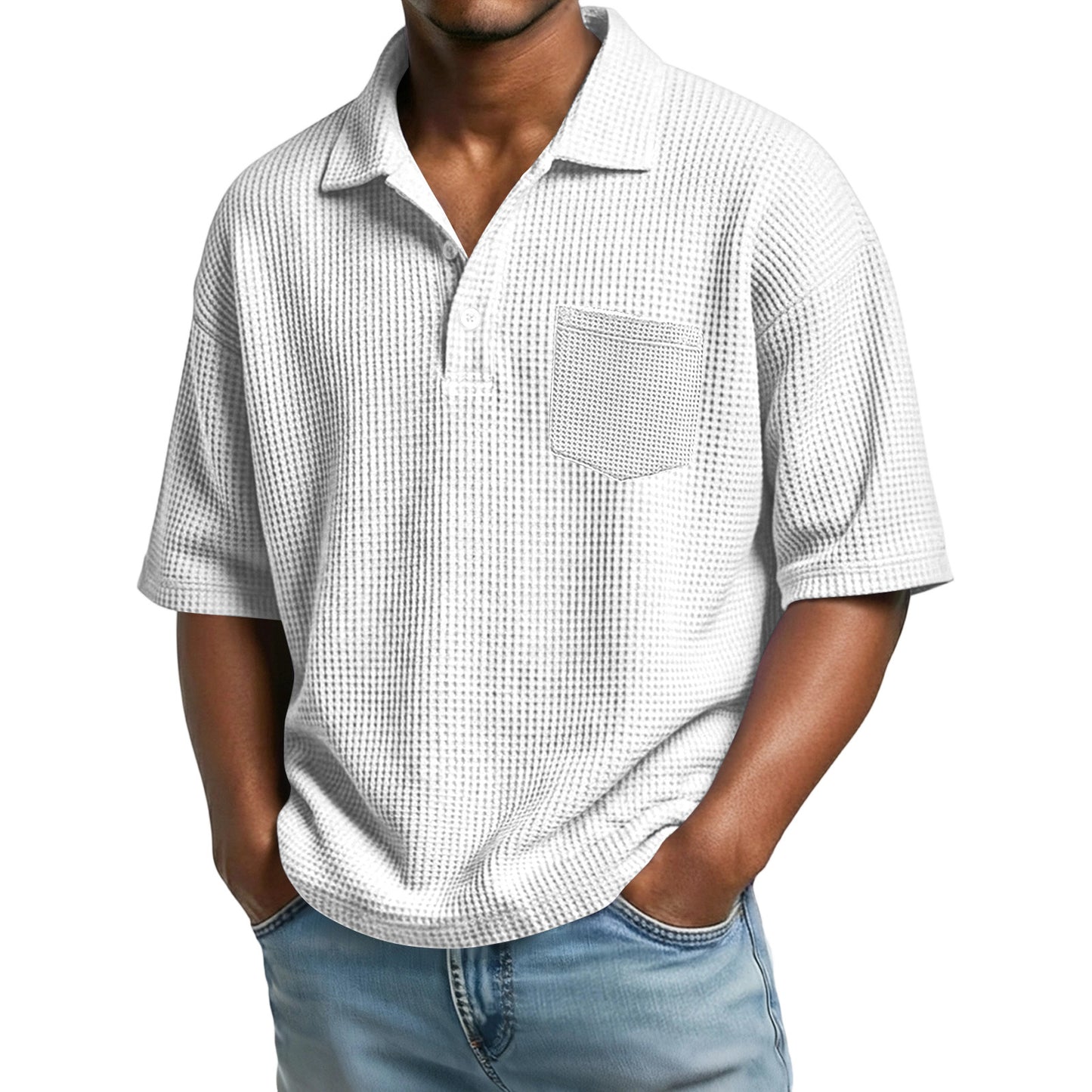 Men's Waffle-Weave Solid Color Short-Sleeve Lapel Polo Shirt