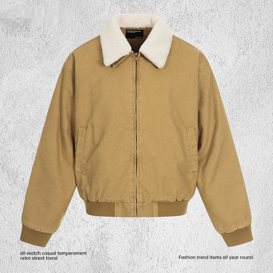 Contrasting Color Fleece-Lined Jacket With Fur Collar Men's Loose Fit