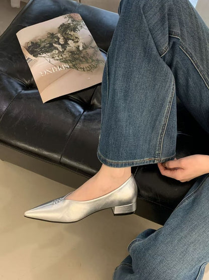 2026 New Spring & Autumn French Niche Design Pointed-Toe Chunky Low Heel Slip-On Pumps For Women, Versatile Elegant Office Style