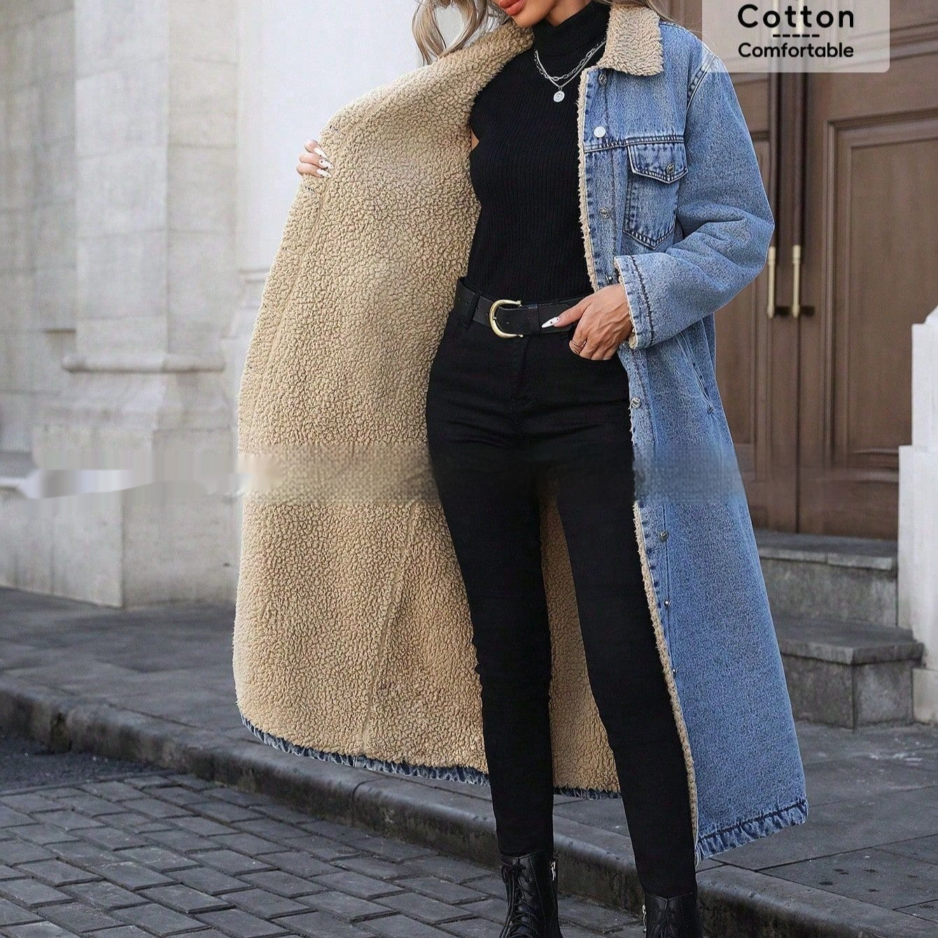 Womens Loose, Long, Fleece-lined Cotton Denim Jacket