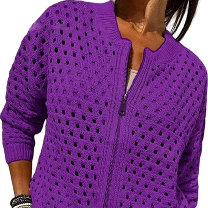 Womens Knitted Hollow-Out Crew-Neck Jacket With Zipper