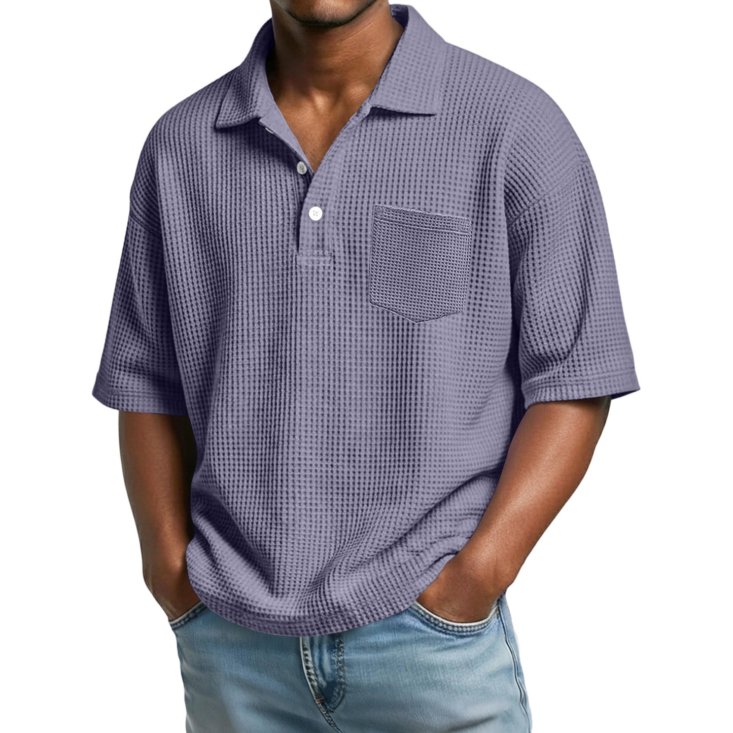 Men's Waffle-Weave Solid Color Short-Sleeve Lapel Polo Shirt