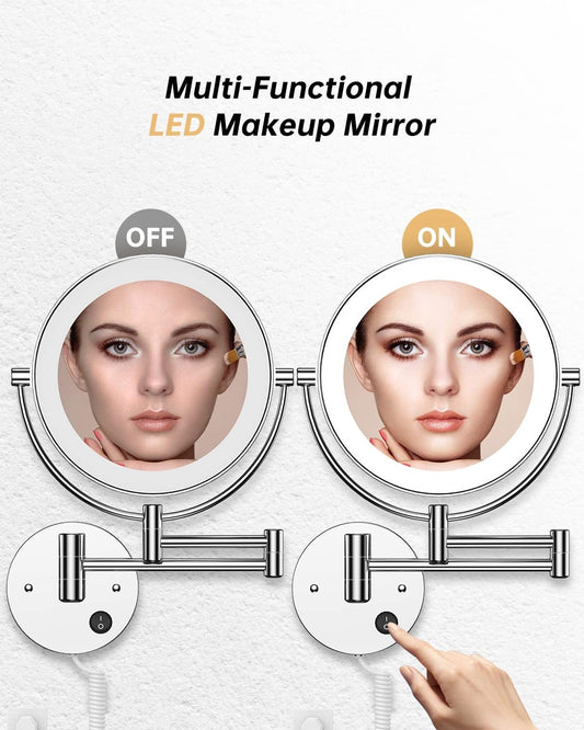 8.5" Wall Mounted Lighted Magnifying Mirror, 1X/10X Double-Sided Magnification round LED Cosmetic Vanity Bathroom Mirror Extendable Arm 360° Swivel for Shaving Makeup