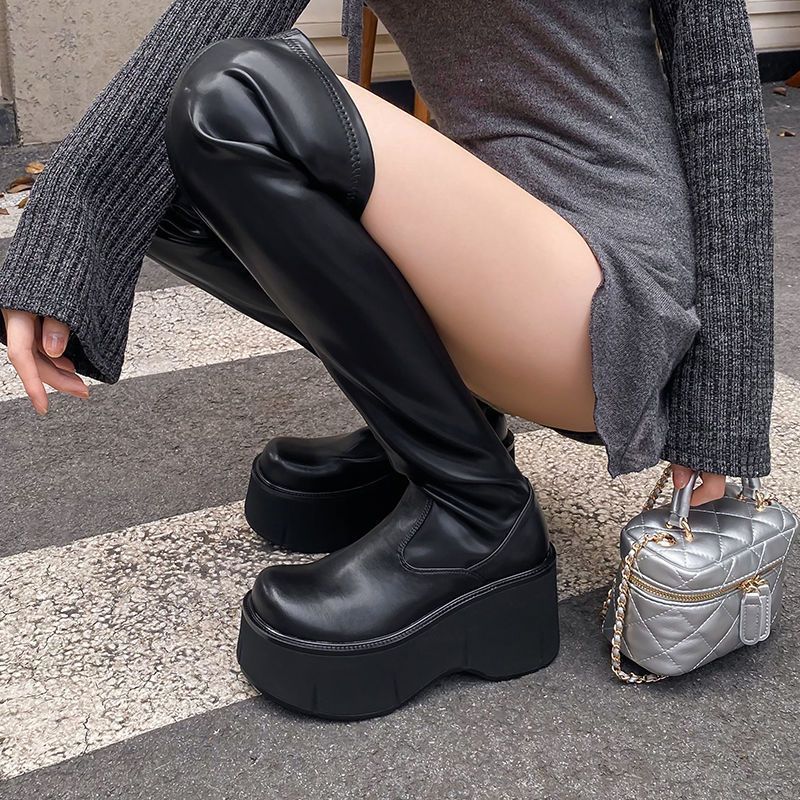 Women's Side-Zip Round-Toe Ultra-Chunky Heel Over-the-Knee Boots