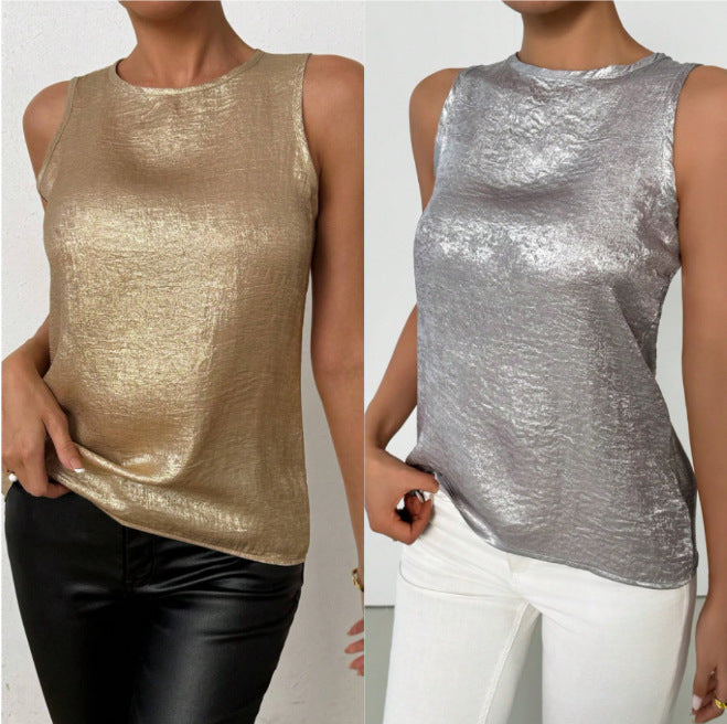 Womens Casual Sleeveless Solid-color Crew-neck Top