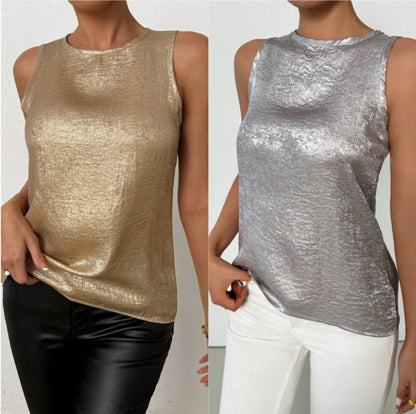 Womens Casual Sleeveless Solid-color Crew-neck Top