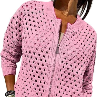 Womens Knitted Hollow-Out Crew-Neck Jacket With Zipper