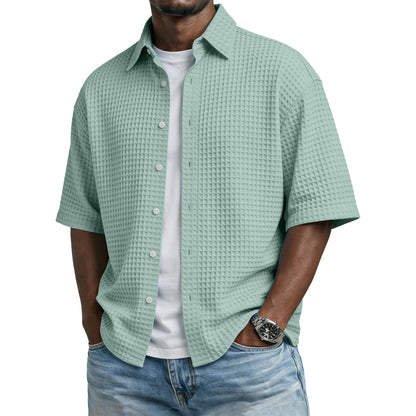 Men's Solid-Colored Waffle-Weave T-Shirt With Lapel Collar