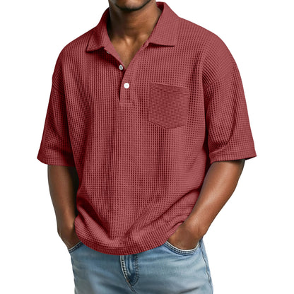 Men's Waffle-Weave Solid Color Short-Sleeve Lapel Polo Shirt