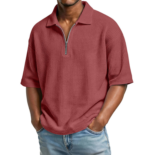 Men's Waffle-Weave Short-Sleeve Lapel Polo Shirt T-Shirt