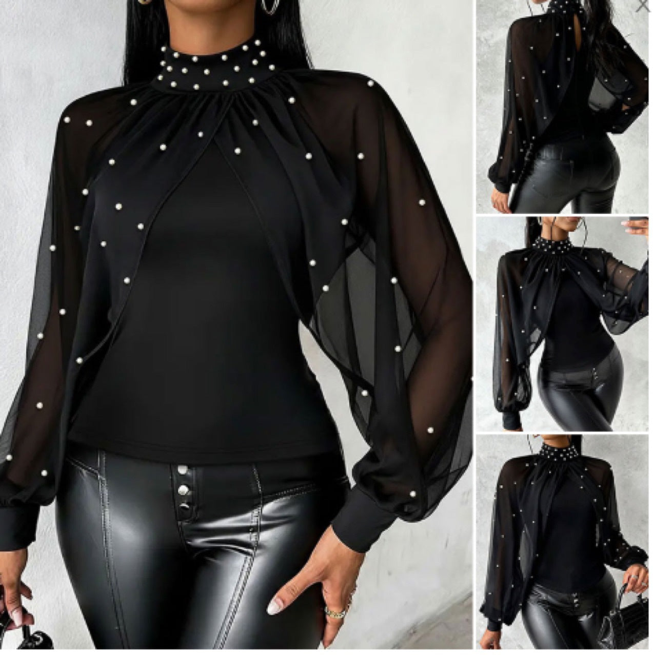 Womens Mesh Long-sleeve Thong Top With Puffed Sleeves And Beaded Detailing