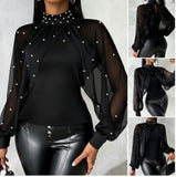 Womens Mesh Long-sleeve Thong Top With Puffed Sleeves And Beaded Detailing