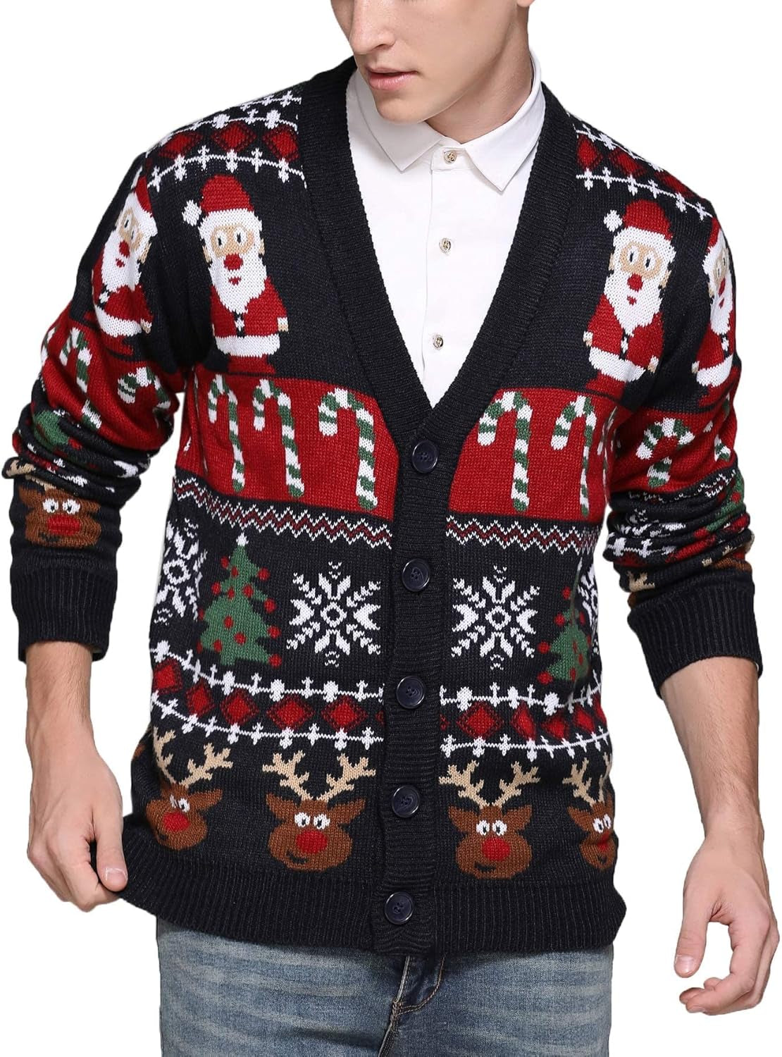 Men'S Christmas Rudolph Reindeer Holiday Festive Knitted Sweater Cardigan Cute Ugly Pullover Jumper