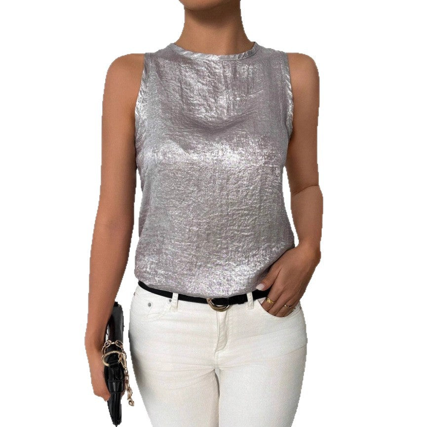 Womens Casual Sleeveless Solid-color Crew-neck Top