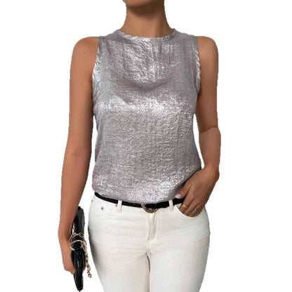 Womens Casual Sleeveless Solid-color Crew-neck Top
