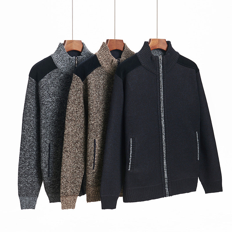 Mens Warm Knitted Cardigan With A Patchwork Stand-Up Collar Design Coat