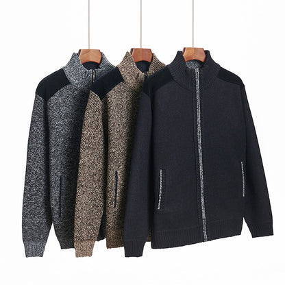 Mens Warm Knitted Cardigan With A Patchwork Stand-Up Collar Design Coat