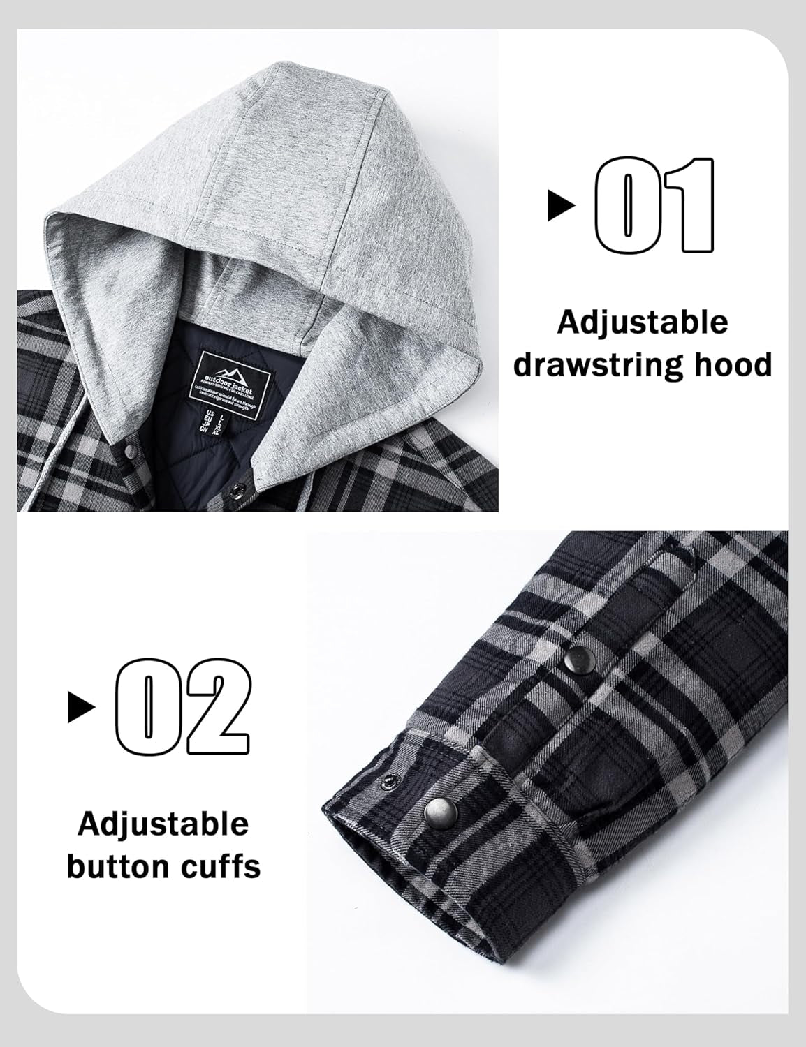 Men'S Quilted Lined Flannel Hoodie Jacket Cotton Button down Shirt Jacket Long Sleeve Plaid Shirt Shacket