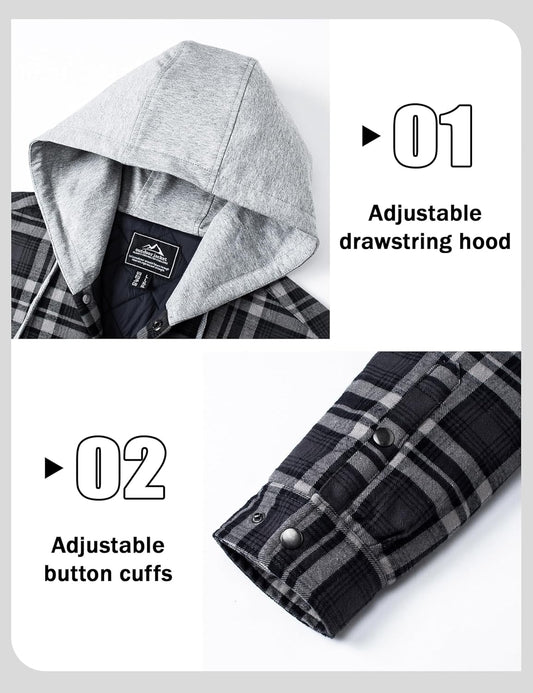 Men'S Quilted Lined Flannel Hoodie Jacket Cotton Button down Shirt Jacket Long Sleeve Plaid Shirt Shacket