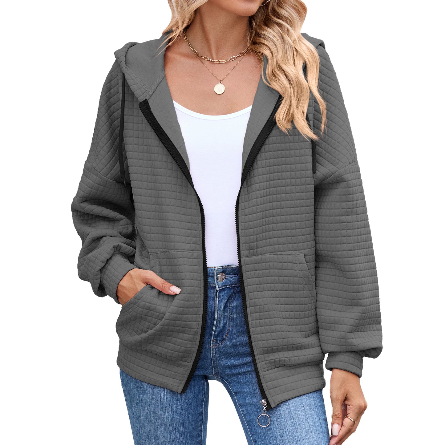 New Solid-color Zip-up Long-sleeve Hoodie With A Hood And Pockets For Women